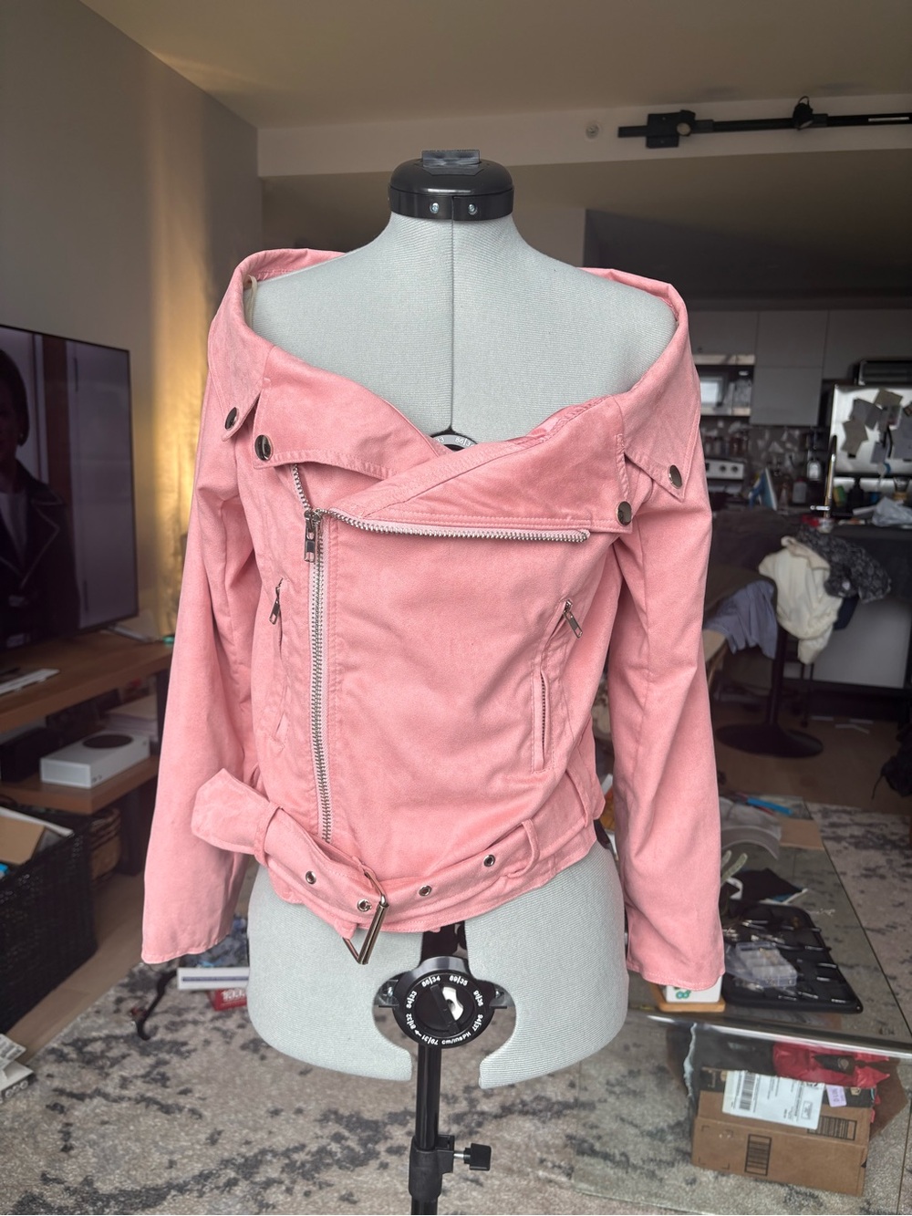 Hayden Pink Off-Shoulder Suede Biker Jacket
